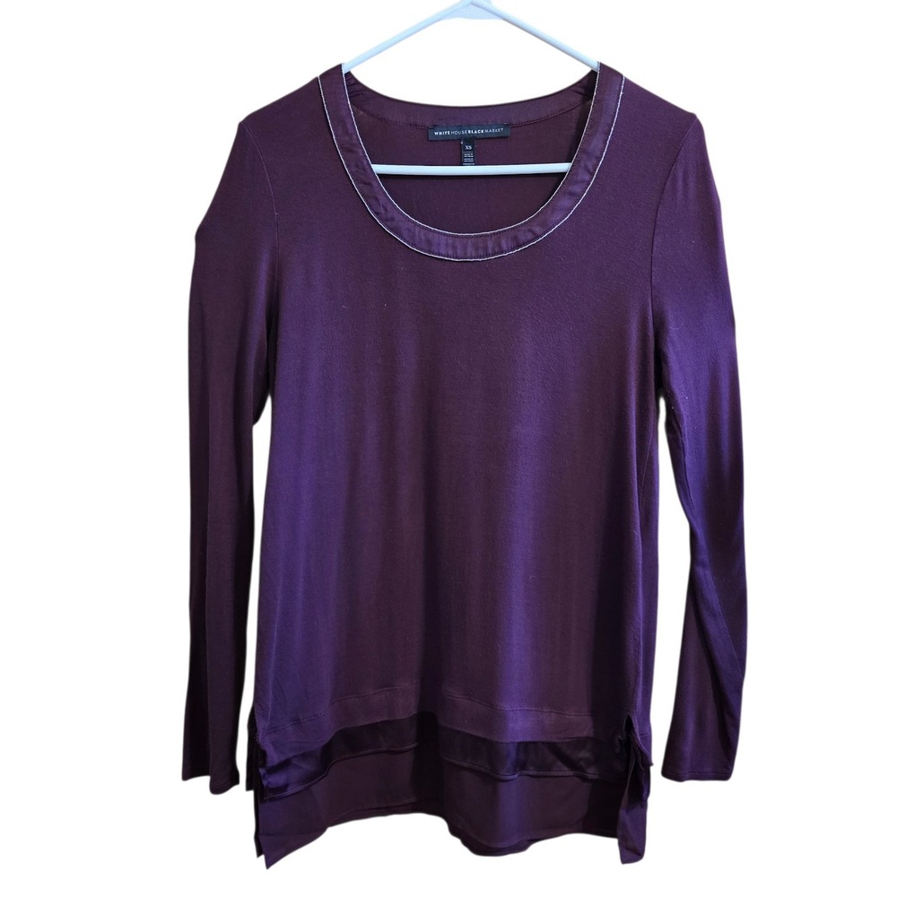 White House Black Market Blouse Plum Layered Lace Hem Slit Back Top WHBM Size XS